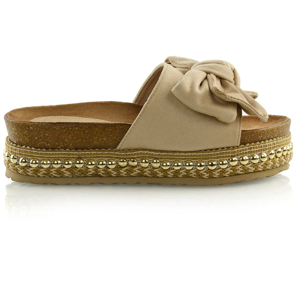 RONNIE BOW DETAIL STRAPPY SLIDER FLATFORM SUMMER SANDALS IN BEIGE FAUX SUEDE