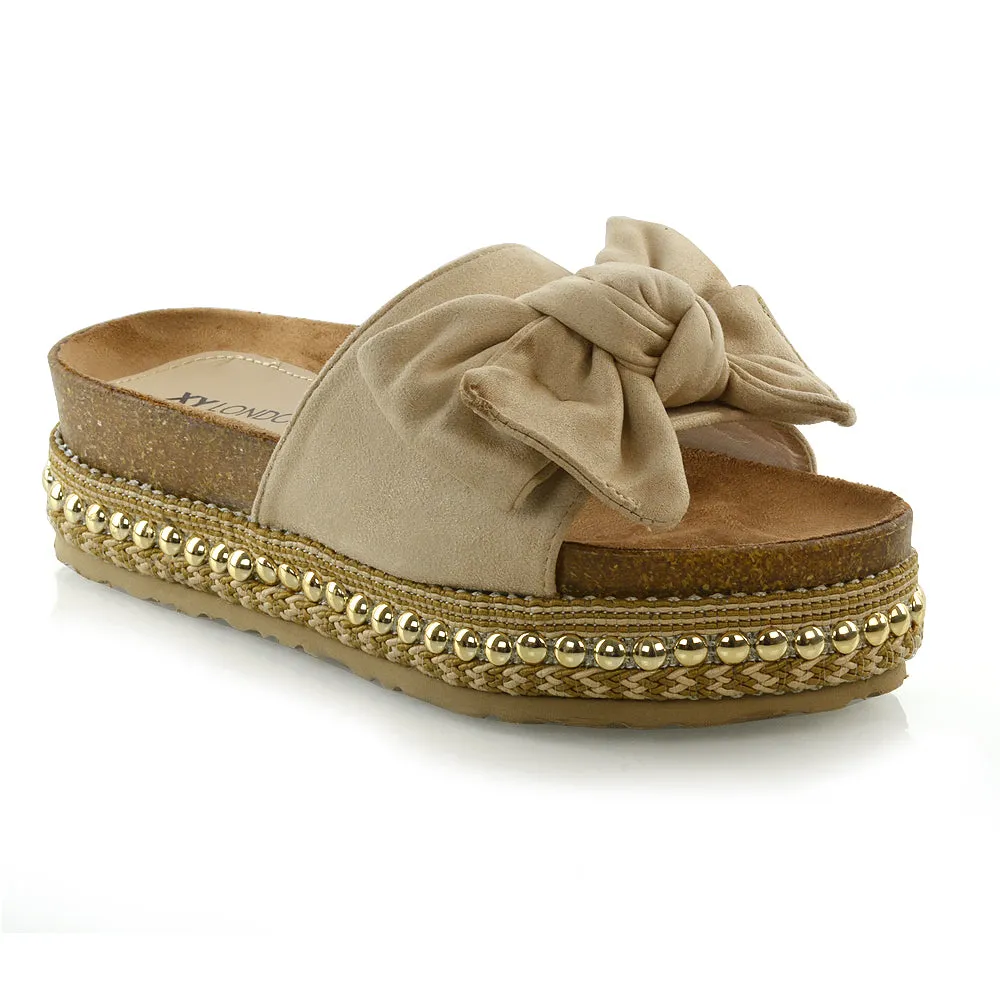 RONNIE BOW DETAIL STRAPPY SLIDER FLATFORM SUMMER SANDALS IN BEIGE FAUX SUEDE