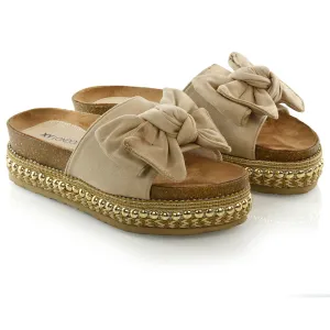 RONNIE BOW DETAIL STRAPPY SLIDER FLATFORM SUMMER SANDALS IN BEIGE FAUX SUEDE