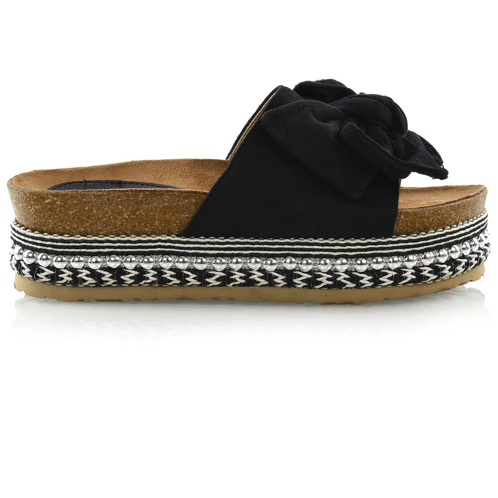 RONNIE BOW DETAIL STRAPPY SLIDER FLATFORM SUMMER SANDALS IN BLACK FAUX SUEDE