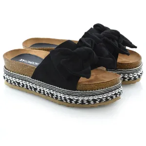 RONNIE BOW DETAIL STRAPPY SLIDER FLATFORM SUMMER SANDALS IN BLACK FAUX SUEDE