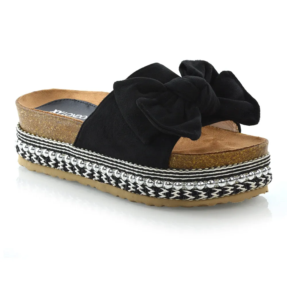 RONNIE BOW DETAIL STRAPPY SLIDER FLATFORM SUMMER SANDALS IN BLACK FAUX SUEDE