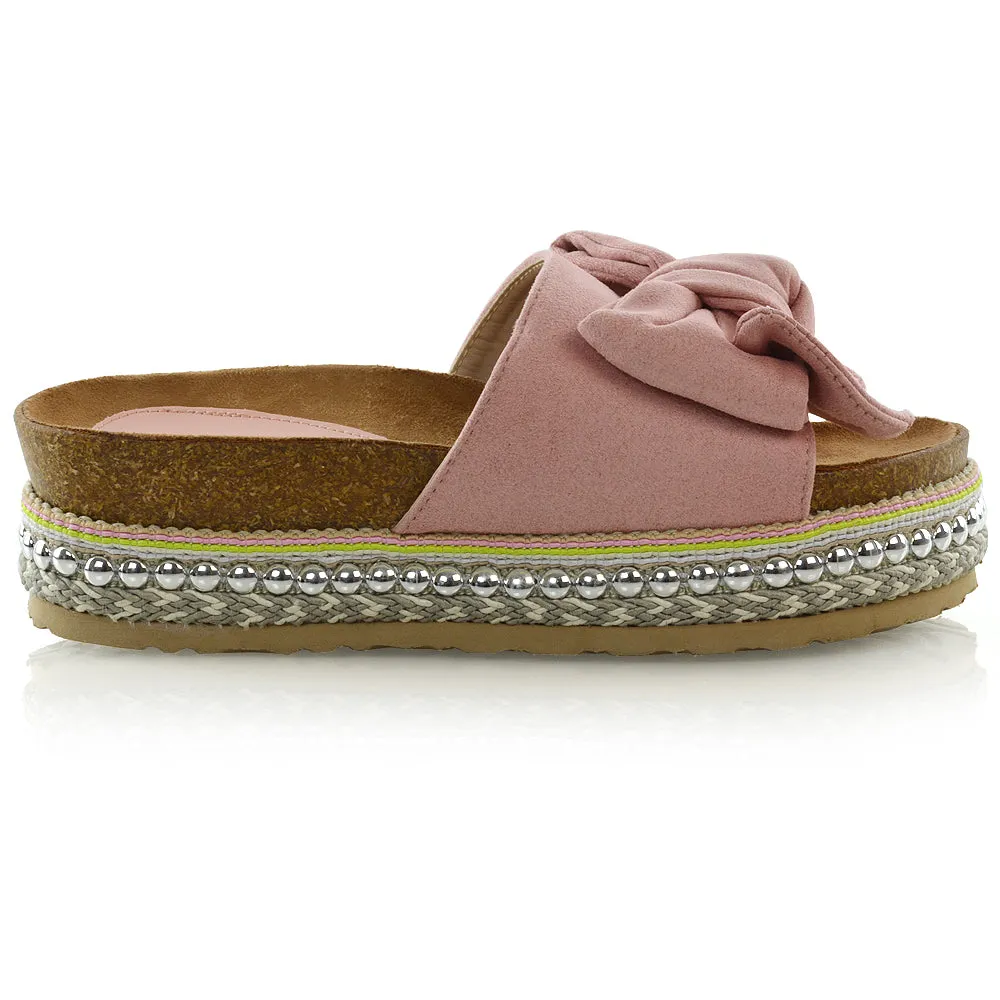 RONNIE BOW DETAIL STRAPPY SLIDER FLATFORM SUMMER SANDALS IN PINK FAUX SUEDE