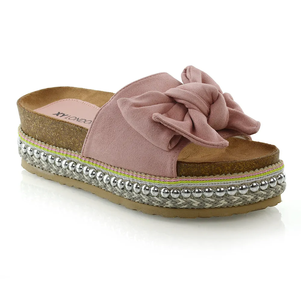 RONNIE BOW DETAIL STRAPPY SLIDER FLATFORM SUMMER SANDALS IN PINK FAUX SUEDE