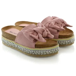 RONNIE BOW DETAIL STRAPPY SLIDER FLATFORM SUMMER SANDALS IN PINK FAUX SUEDE