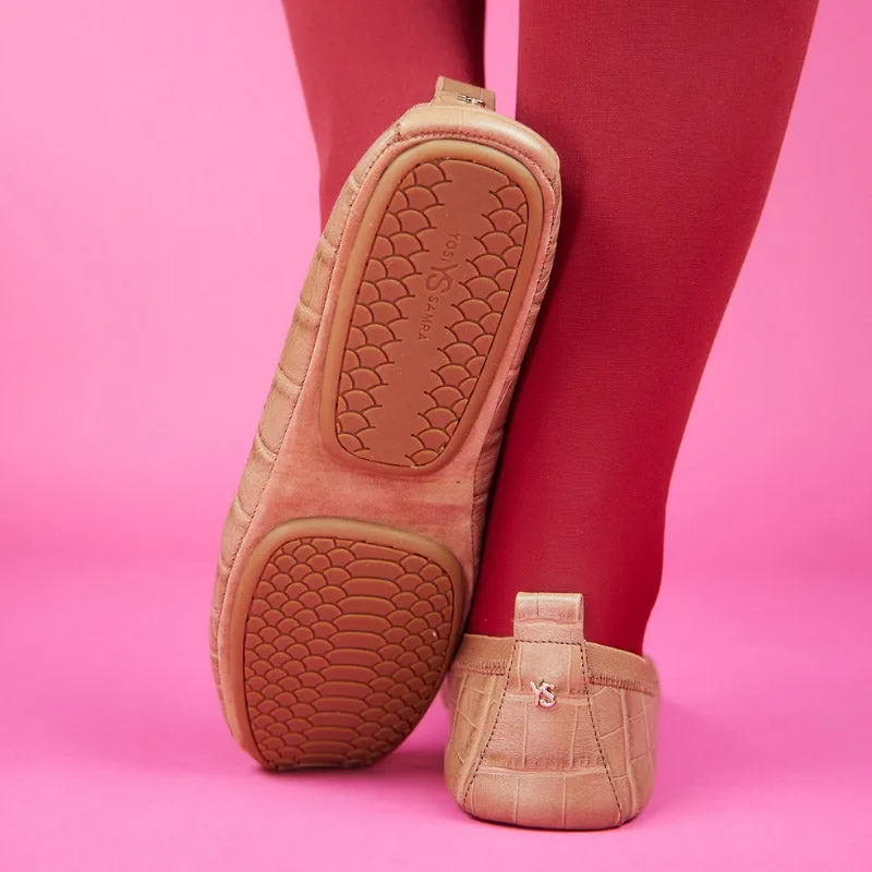 Samara Foldable Ballet Flat in Brown Croc Leather