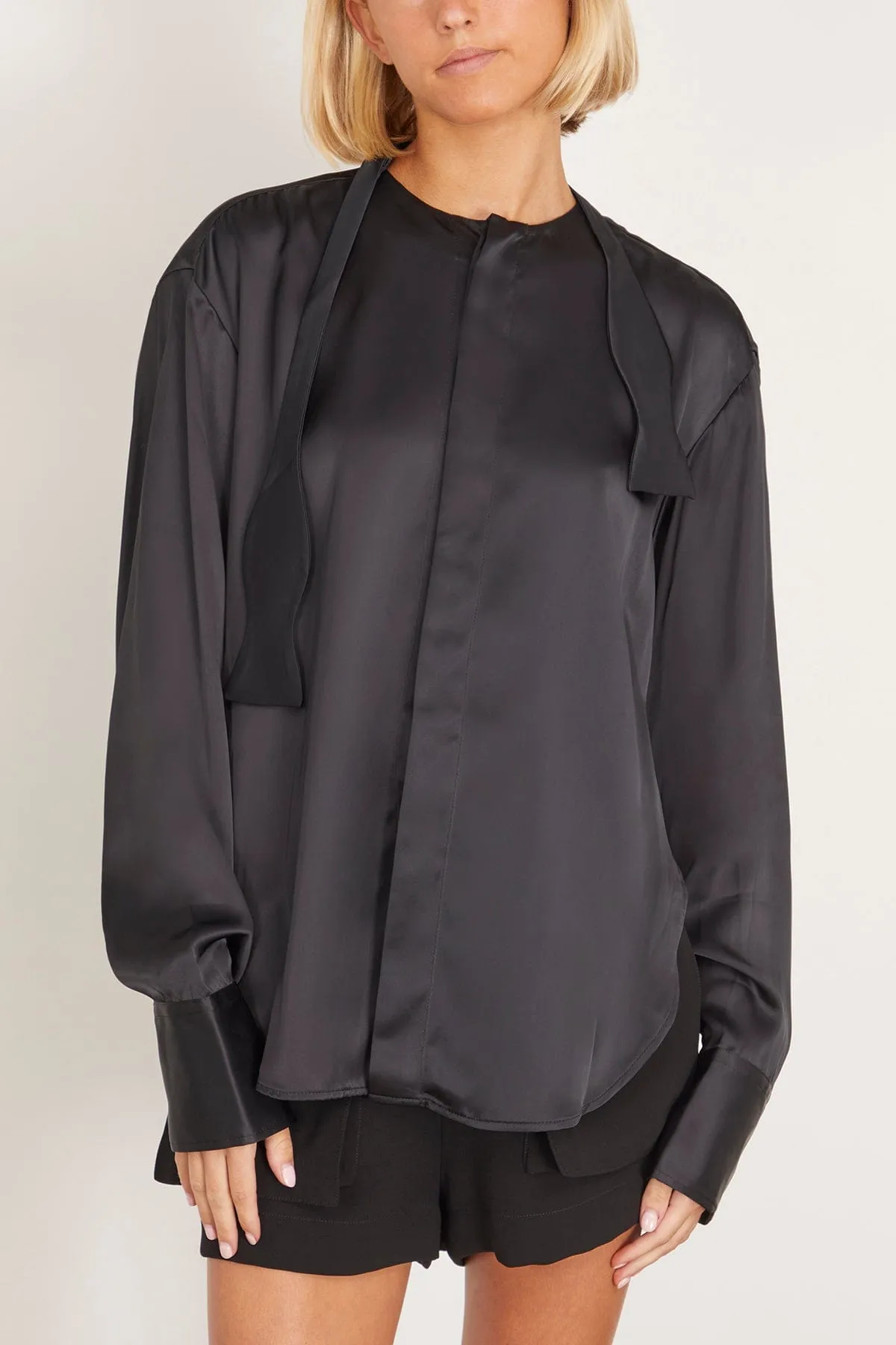 Satin Bow Tie Shirt in Black