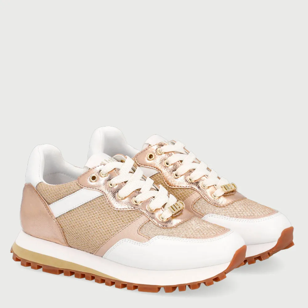 Scarpe Donna LIU JO Sneakers in Pelle e Tessuto Mesh colore Bianco e Oro