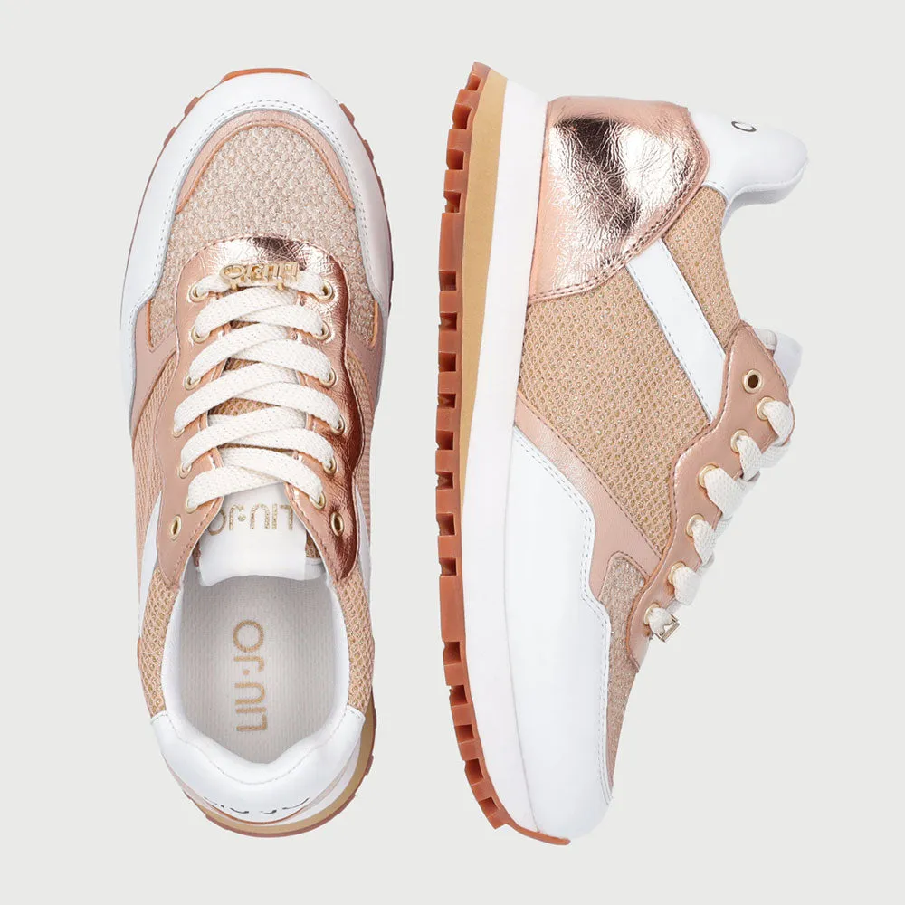 Scarpe Donna LIU JO Sneakers in Pelle e Tessuto Mesh colore Bianco e Oro