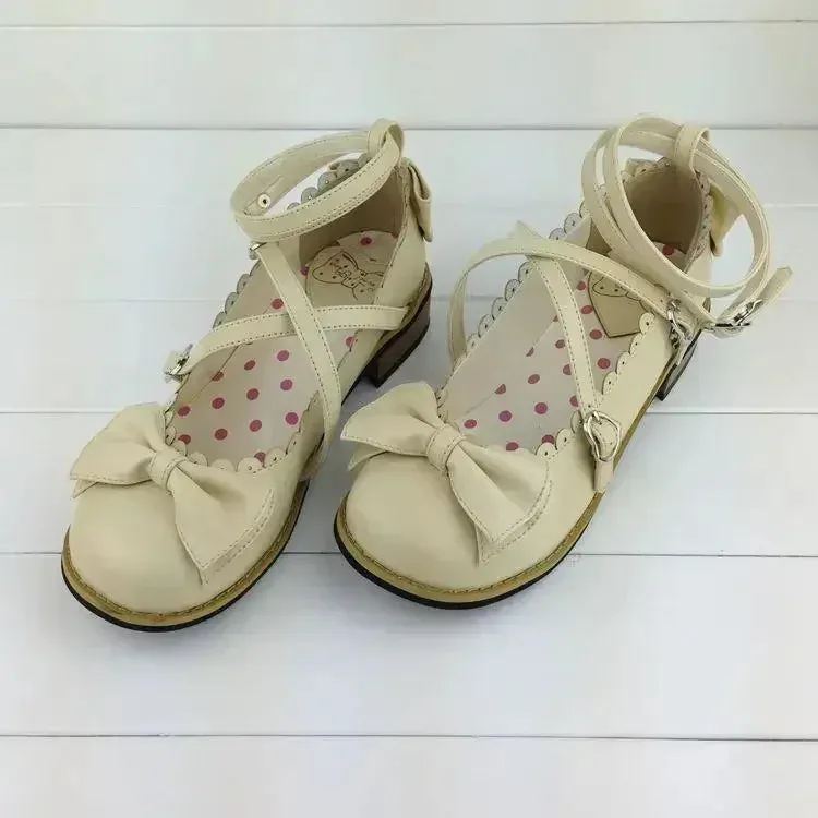 Sohiwoo Lolita Shoes Women Flats Low Round With Cross Straps Bow Cute Girls Princess Tea Party Shoes Students Lovely Shoes Size 34-41