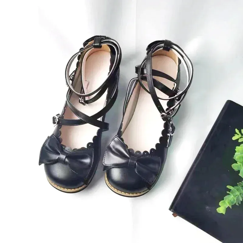 Sohiwoo Lolita Shoes Women Flats Low Round With Cross Straps Bow Cute Girls Princess Tea Party Shoes Students Lovely Shoes Size 34-41