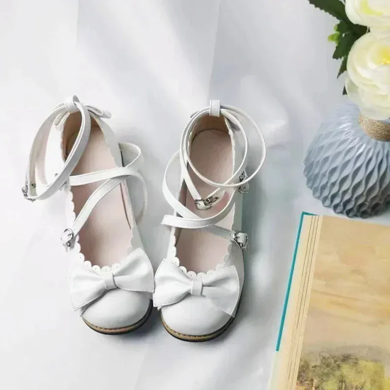Sohiwoo Lolita Shoes Women Flats Low Round With Cross Straps Bow Cute Girls Princess Tea Party Shoes Students Lovely Shoes Size 34-41
