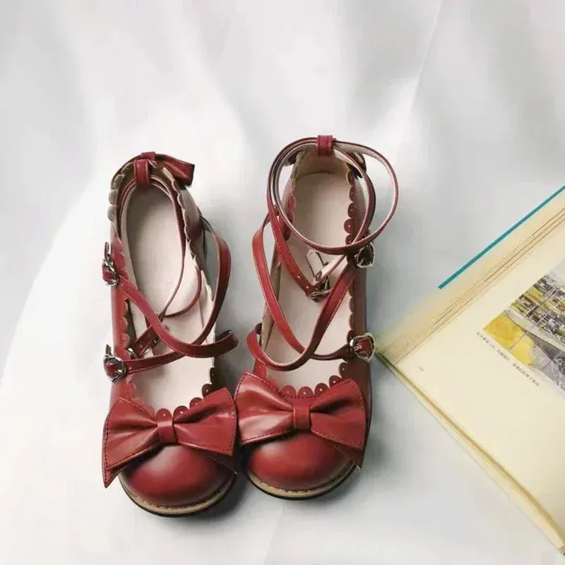 Sohiwoo Lolita Shoes Women Flats Low Round With Cross Straps Bow Cute Girls Princess Tea Party Shoes Students Lovely Shoes Size 34-41