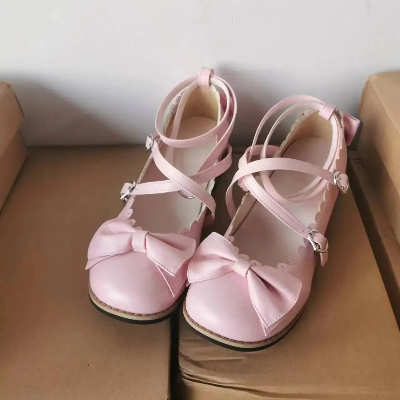 Sohiwoo Lolita Shoes Women Flats Low Round With Cross Straps Bow Cute Girls Princess Tea Party Shoes Students Lovely Shoes Size 34-41