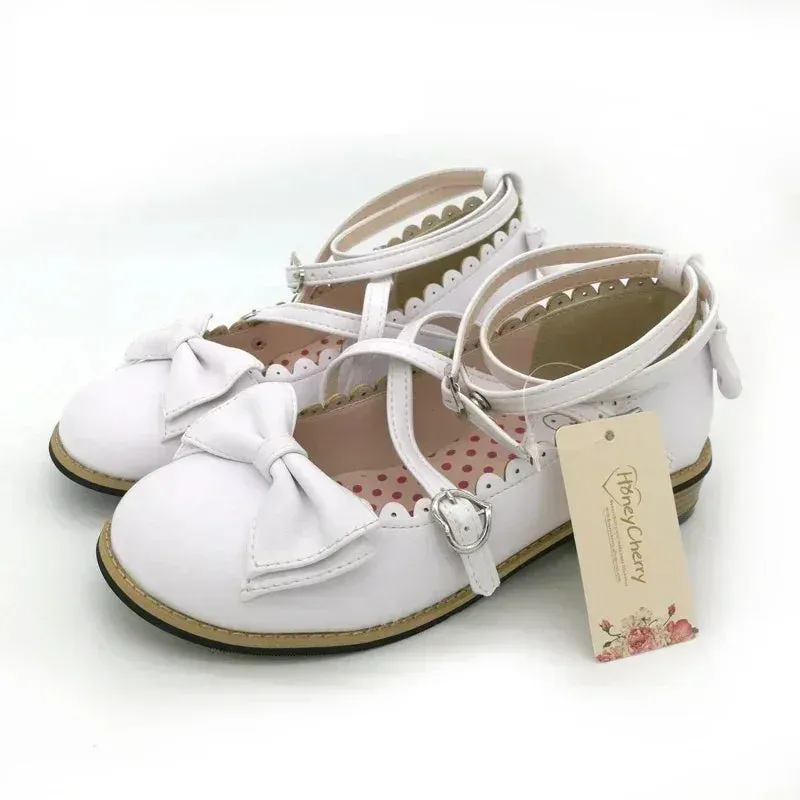 Sohiwoo Lolita Shoes Women Flats Low Round With Cross Straps Bow Cute Girls Princess Tea Party Shoes Students Lovely Shoes Size 34-41