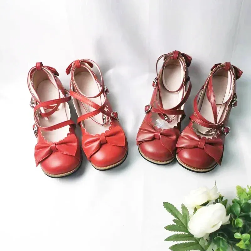 Sohiwoo Lolita Shoes Women Flats Low Round With Cross Straps Bow Cute Girls Princess Tea Party Shoes Students Lovely Shoes Size 34-41