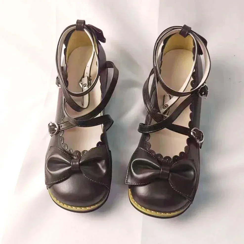 Sohiwoo Lolita Shoes Women Flats Low Round With Cross Straps Bow Cute Girls Princess Tea Party Shoes Students Lovely Shoes Size 34-41