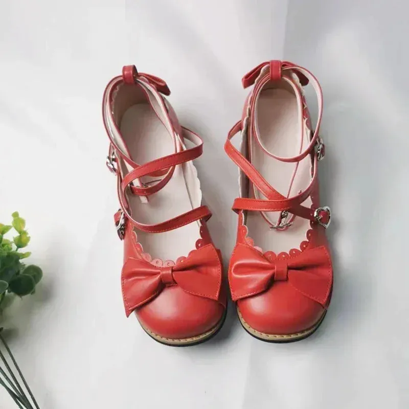 Sohiwoo Lolita Shoes Women Flats Low Round With Cross Straps Bow Cute Girls Princess Tea Party Shoes Students Lovely Shoes Size 34-41