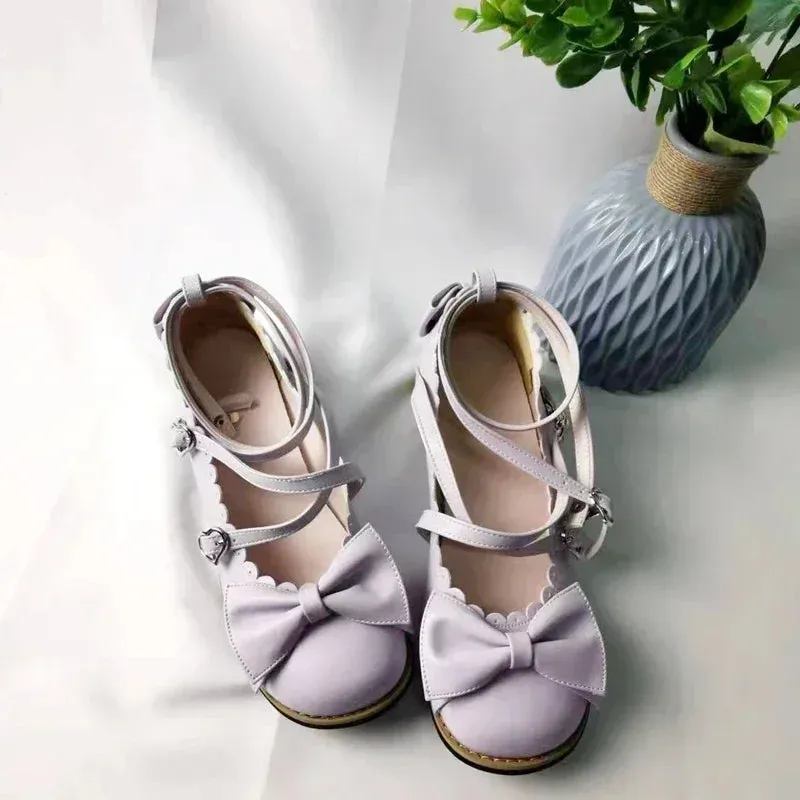 Sohiwoo Lolita Shoes Women Flats Low Round With Cross Straps Bow Cute Girls Princess Tea Party Shoes Students Lovely Shoes Size 34-41