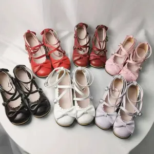 Sohiwoo Lolita Shoes Women Flats Low Round With Cross Straps Bow Cute Girls Princess Tea Party Shoes Students Lovely Shoes Size 34-41