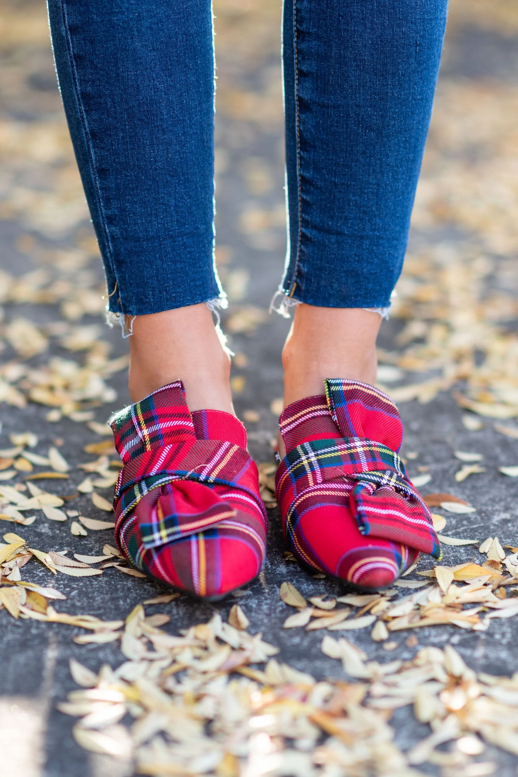 Under The Tree Red Plaid Flat Mules