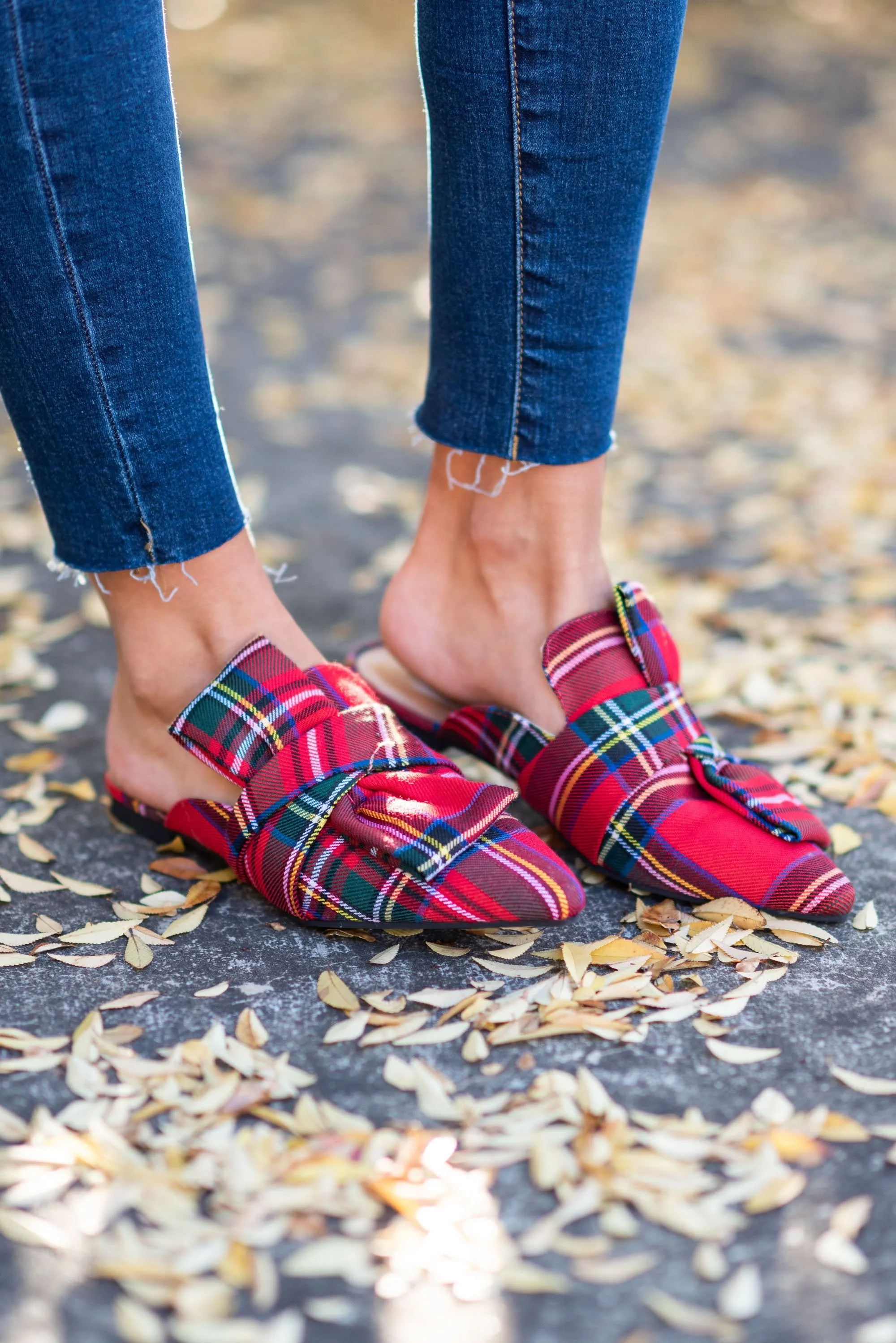 Under The Tree Red Plaid Flat Mules